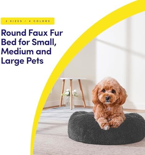 Dog & Cat Bed: Round Faux Fur Pet Bed - Plush, Cozy, & Calming Donut Bed for Medium Pets - Soft & Comfortable Sleeping Cushion for Napping & Lounging, 23" Round, Dark Gray