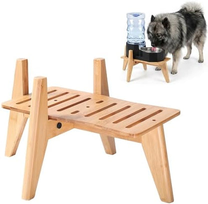 Dog Water and Food Dispenser Stand for Medium Dogs - Adjustable, Bamboo