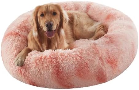 36 in Faux Fur Fluffy Donut Dog Bed for Large Dogs,Tie-dye Pink