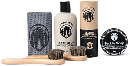 Rhino Wax - Horse Tack Kit - Includes: Saddle Soap for Leather & Conditioner - Leather Oil - Brushes - Cloth. Horse Supplies for Saddles, Bridles, Boots, Reins - Proudly Made in the USA (Not China)