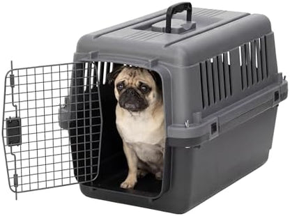 SportPet Airline Compliant Small 24" Travel Dog Kennel - Durable Plastic Airline Pet Carrier (No Wheels) & Food Bowls, Collapsible Indoor/Outdoor Dog Kennel, Dogs up to 21" L & 13" H - Dark Gray
