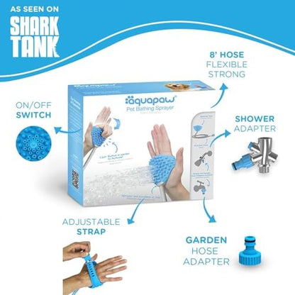 Aquapaw Dog Bath Brush & Sprayer - Hands-Free Shower Scrubber - Adjustable Sprayer & Shower Hose Attachment - Silicone Massage Brush for Dog Grooming Supplies - Original, Blue