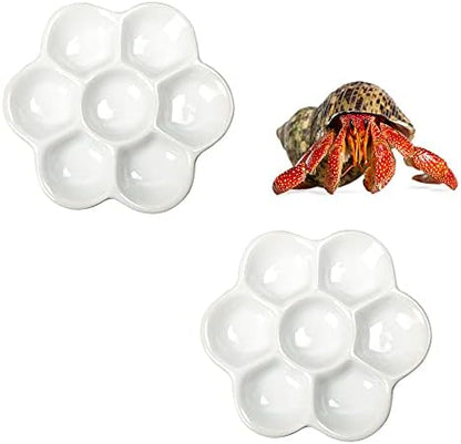 DQITJ 2 Pcs Hermit Crab Ceramic Food Dish, 7 Compartments Anti-turning Food & Water Bowl (White)
