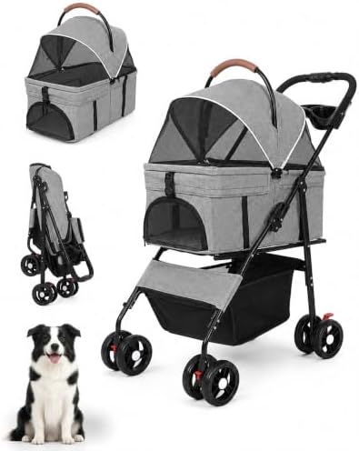 Pet Stroller, 3 in1 Foldable Dog Cat Stroller with Detachable Carrier-Gray