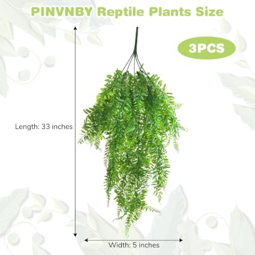 PINVNBY Reptile Plants Hanging Fake Vines Boston Climbing Terrarium Plant with Suction Cup for Bearded Dragons Lizards Geckos Snake Pets Hermit Crab and Tank Habitat Decorations (3 Pack)