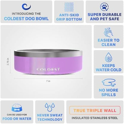 Coldest Dog Bowl - Anti Rust Metal, Non Slip, 3 Layers Insulated Stainless Steel Dog Bowls - Spill Proof & Heavy Duty - Water Bowl for Dogs, Cats, Dish Washer Safe (42 oz, Saturns Purple Glitter)