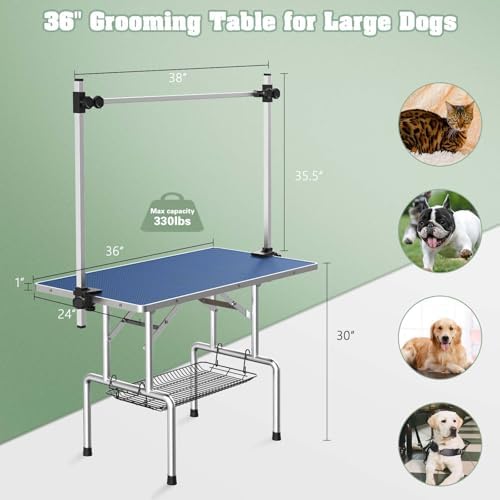Lyromix 36'' Stainless Steel Pet Dog Grooming Table, Arm/Noose/Tray, Blue