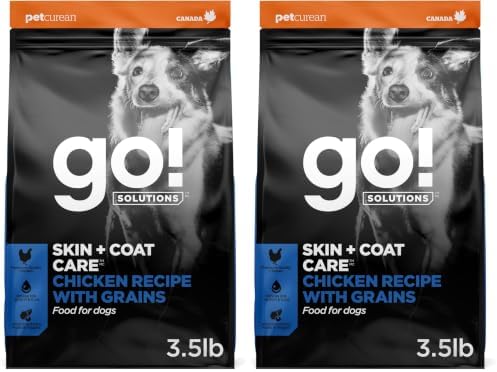 Go! Solutions Skin + Coat Care Chicken Dry Dog Food with Grains, Healthy Kibble with Omega-3s & 6s for Soft, Shiny Fur, for Puppies, Adults, & Seniors, 3.5 lb Bag (Pack of 2)