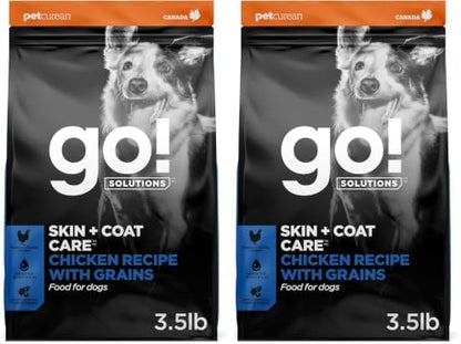Go! Solutions Skin + Coat Care Chicken Dry Dog Food with Grains, Healthy Kibble with Omega-3s & 6s for Soft, Shiny Fur, for Puppies, Adults, & Seniors, 3.5 lb Bag (Pack of 2)