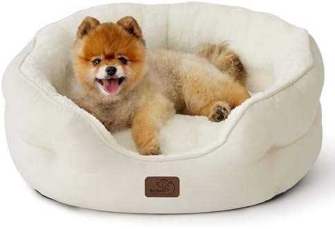 Bedsure Small Dog Bed Washable,Round Cat Beds for Indoor Cats,25in Ivory
