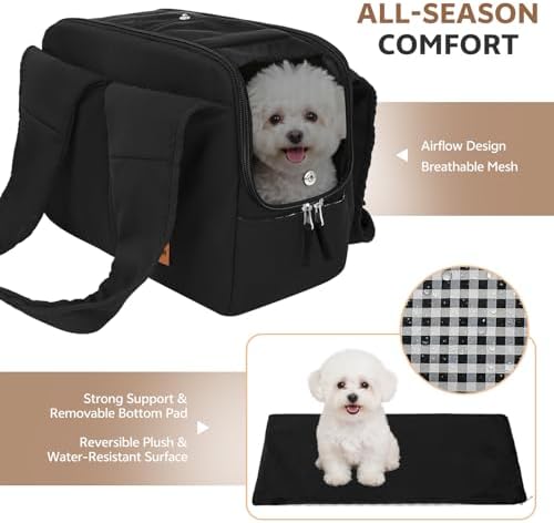 Dog Purse Carrier for Small Dogs and Cats, Soft-Sided Pet Tote Bag with 6 Large Pockets, Collapsible Travel Puppy Carrier, Fits Pets up to 13 lbs (Black, 15.7" L x 8" W x 11.8" H)