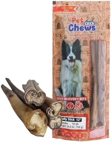 12" Jumbo Bully Sticks (10 Pack) - 70g Average per Stick (700g Total) - 100% Natural Grass-Fed Beef Pizzle, Odor-Free - Long Lasting Chews for Large Dogs & Power Chewers
