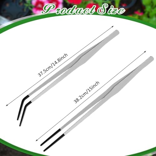 Lasnten 2 Pcs Extra Long Stainless Steel Reptile Feeding Tongs with Rubber Tip 15 Inch Bearded Dragon Aquarium Straight and Curved Long Tweezer Terrarium Feeder Tool for Tank(Silver)
