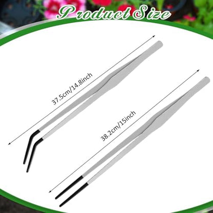 Lasnten 2 Pcs Extra Long Stainless Steel Reptile Feeding Tongs with Rubber Tip 15 Inch Bearded Dragon Aquarium Straight and Curved Long Tweezer Terrarium Feeder Tool for Tank(Silver)