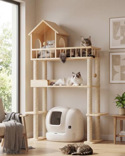 Wood Cat Tower for Automatic Litter Box, 4 Tier Cat Tree, 60 Inch