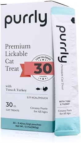 Purrly Lickable Cat Treat Healthy Human-Grade Tuna & Turkey with L-Lysine & Astaxanthin for Immunity (30 Count) Soft Low Calorie Hydrating Interactive Snack Wild-Caught Farm-Grown Grain-Free