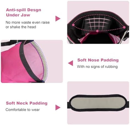 Horse Feed Bag for Grain, Breathable Muzzle Feed Bags for Horses, Universal Mesh Feedbag for Feeding Grain, Anti-Spill Design Feeder, Durable Nose Bag with Solid Bottom (Pink)