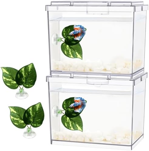 MoonOrange Mini Betta Fish Tank, Small Fish Bowl for Temporary Space, 0.2 Gallon Stackable Cube Tank with Betta Leaf and Gravels for Small Fish, Insect, Shrimp, Crab, Spider.(Pack-2)