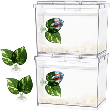 MoonOrange Mini Betta Fish Tank, Small Fish Bowl for Temporary Space, 0.2 Gallon Stackable Cube Tank with Betta Leaf and Gravels for Small Fish, Insect, Shrimp, Crab, Spider.(Pack-2)