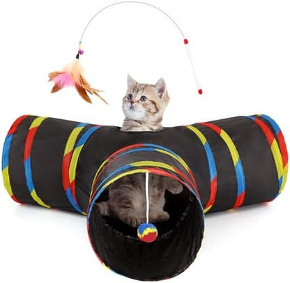 Tempcore Cat Tunnel, 3-Way Collapsible Toy for Indoor Cats, Black & Rainbow