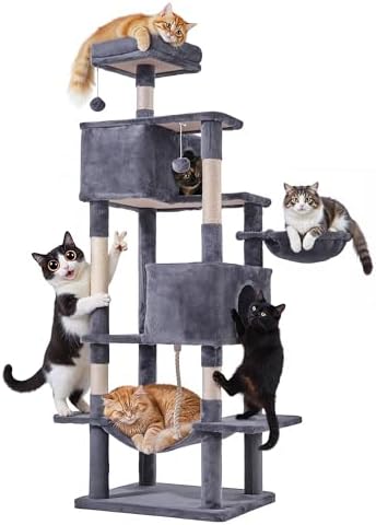 Cat Tree for Indoor Cats, 66 Inches Cat Tower with Scratching Post, Multi-Level Climbing Tree Cat House Padded Plush Perch, Cat Condo Activity Center with Pompoms, Kittens Pet Play House, Dark Gray