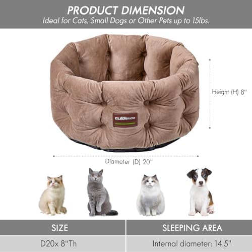 ClevaHome Deep Nest Cat Beds for Indoor Cats, Washable Round Cat Bed, Cute Kitten Bed with Anti-Slip Bottom for Kitty and Puppy, 20inches, Warm Beige