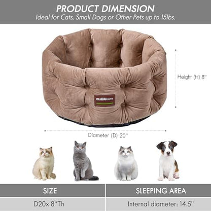 ClevaHome Deep Nest Cat Beds for Indoor Cats, Washable Round Cat Bed, Cute Kitten Bed with Anti-Slip Bottom for Kitty and Puppy, 20inches, Warm Beige