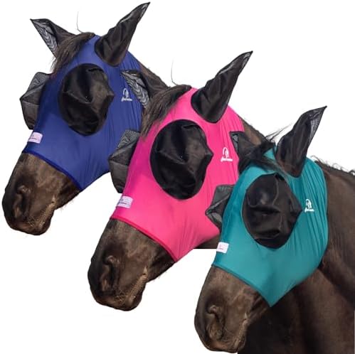 Stretchy Fly Mask for Horses 3-Pack, Mane Opening Design, Large Eye Space, Breathable & Soft on Skin (Classic Colors Mix, Cob (Medium))