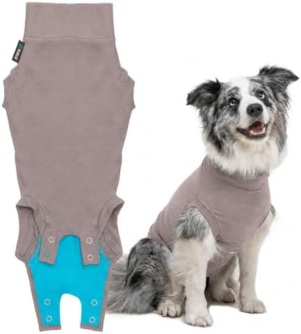 Suitical - The Original Dog Surgery Recovery Suit - Replace E-Collar & Cone - Spay, Neuter, Wounds, Prevent Licking - Medium+ - Neck to Tail 24–28.3in - Chest 29-39in - Weight 48-60lbs Sandstone Grey