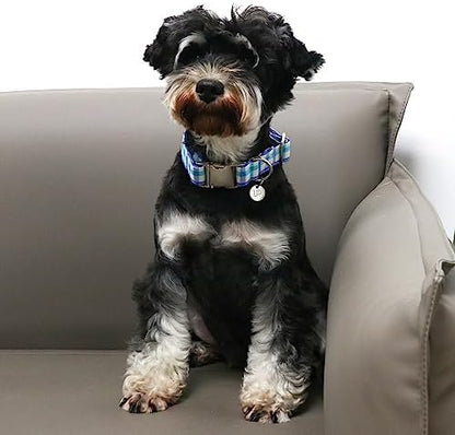 Blue Plaid Summer Cotton Dog Collar with Metal Buckle Gift Collar for Small Medium Large Girls or Boys Dogs Cute Durable Comfortable Pet Collars