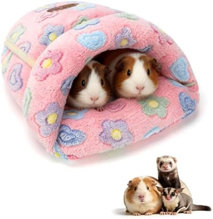 YUEPET Guinea Pig Bed Cuddle Cave, Warm Fleece Hideout, Pink Flower