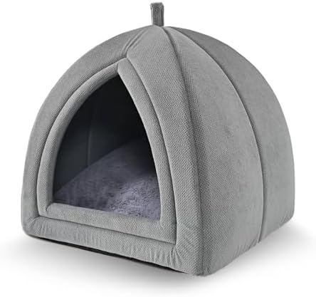 Amazon Basics Cat Cave Bed, 2-in-1 Foldable House for Indoor Cats, with Washable Cushion and Non-Slip Base, 15 x 15 Inches, Small, LightGray