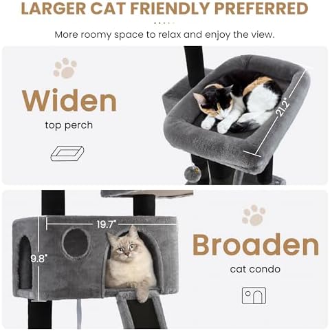 SHA CERLIN 65in Larger Cat Tree Tower Condo for Indoor Kitties/Multi-Level Furniture Activity Center with Wide Base/Cozy Plush Perches/Baskets/Sisal Scratching Posts and Hammock/Black & Grey
