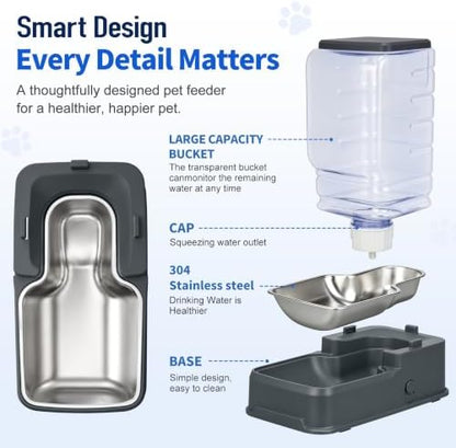 Automatic Cat Feeder and Water Dispenser Set with Dog Stainless Steel Feed Bowl Pet Gravity Self Feeding and Waterer Large Capacity for Small Medium Large Dogs Puppy Kitten 2 Pack