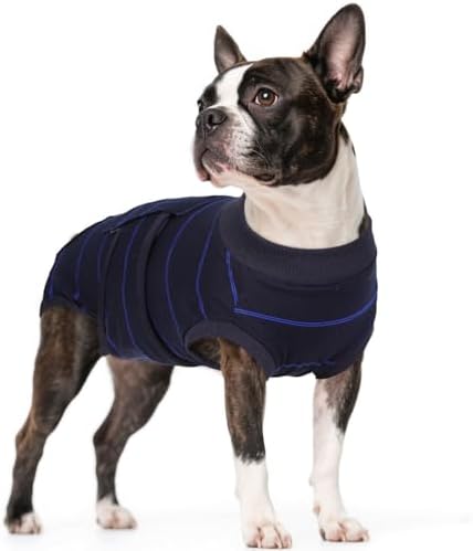 Kuoser Dog Surgery Recovery Suit, Soft Breathable Dog Recovery Suit for Female Spay Male Nueuter, Anti Licking Puppy Onesie Pet Surgical Suit for Dogs Abdominal Wounds Skin Disease, Blue Strips S