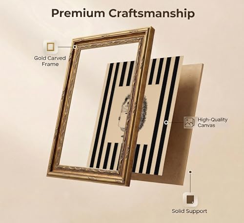 Vintage Gold Framed Funny Bathroom Wall Art, Hedgehog Holding Toilet Paper Canvas Print, Black and White Striped Funny Animal Sketch Wall Decor, Antique Rustic Farmhouse Poster Artwork for Restroom