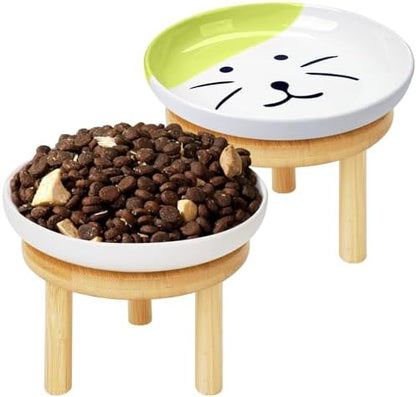 Shallow Elevated Cat Bowls with Bamboo Stand, 5.9 Inch Wide Ceramic Cat Dish Whisker Friendly, 2 Pack Pet Food and Water Plates