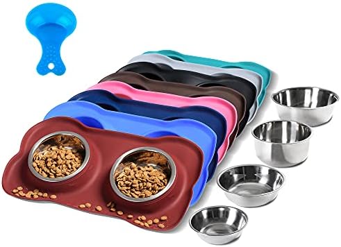 Hubulk Pet Dog Bowls 2 Stainless Steel Dog Bowl with No Spill Non-Skid Silicone Mat + Pet Food Scoop Water and Food Feeder Bowls for Feeding Small Medium Large Dogs Cats Puppies (Burgundy, Small)