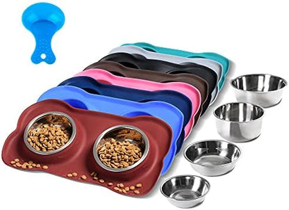 Hubulk Pet Dog Bowls 2 Stainless Steel Dog Bowl with No Spill Non-Skid Silicone Mat + Pet Food Scoop Water and Food Feeder Bowls for Feeding Small Medium Large Dogs Cats Puppies (Burgundy, Small)