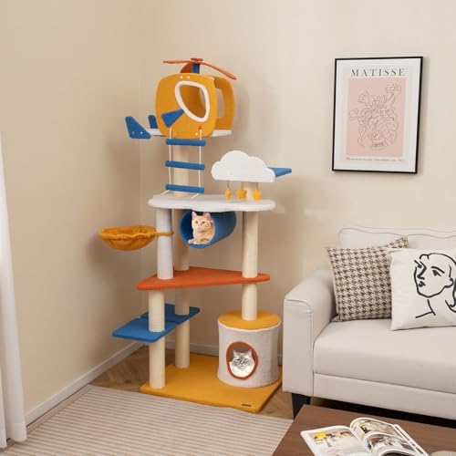 PETSITE 70 inch Tall Aviation-Themed Cat Tree Tower, Multi-Level Cute Cat Tower with Sisal Scratching Posts, Helicopter Top Perch, Basket Bed, Tunnel, Climbing Ladder, and Star-Shaped Hanging Toys
