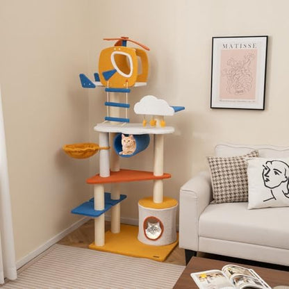 PETSITE 70 inch Tall Aviation-Themed Cat Tree Tower, Multi-Level Cute Cat Tower with Sisal Scratching Posts, Helicopter Top Perch, Basket Bed, Tunnel, Climbing Ladder, and Star-Shaped Hanging Toys