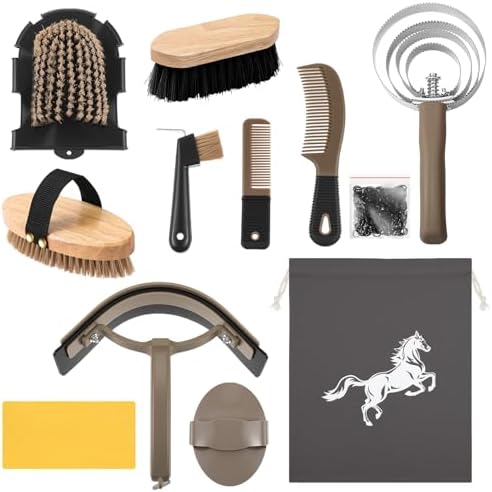 Abbylike 12 Pieces Horse Grooming Kit Equine Care Brushes, Dark Gray