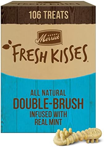 Merrick Fresh Kisses Natural Dental Chews Toothbrush Treat Shape Infused with Real Mint for Tiny Dogs 5-15 Lbs - 106 ct. Box