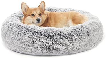 Bedfolks Calming Fluffy Donut Dog Bed for Medium Dogs,Dark Grey, 30" Round