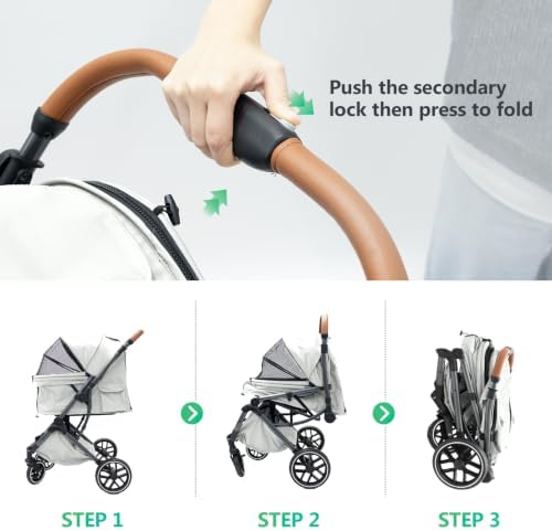 Pet Stroller for Small/Medium Dogs & Cats Up to 50 lbs, 4-Wheel One-Click Foldable Pet Stroller with Reversible Handle, Removable Pad, Cup Holder and Storage Basket (Grey)