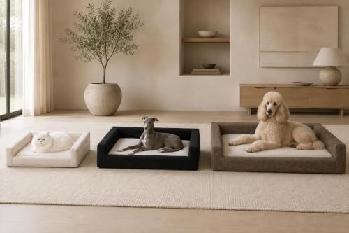 Mini Cloud Bed - Removable and Washable Covers - Upholstered Minimalist Modern Luxury - Toddler Baby Pet Dog Cat Nursery (Waterproof Beige Linen, Small)