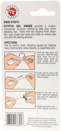 Miracle Care Kwik Stop Styptic Gel Swabs for Dogs, Cats, and Birds, 3 Count