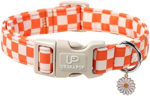 Gingham Fall Dog Collar – Adjustable Orange Picnic Checkered Dog Collar with Daisy Pendant, Classic Autumn Dogs Collars for Girl Boy Dogs