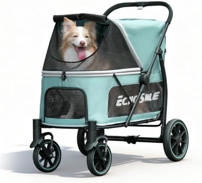 EchoSmile Dog Stroller for Large Dogs, 135lbs Weight Extra Large Pet Stroller, 4 Wheels Cats & Dogs Carrier with Brakes, Breathable Mesh Windows & Pocket, Green