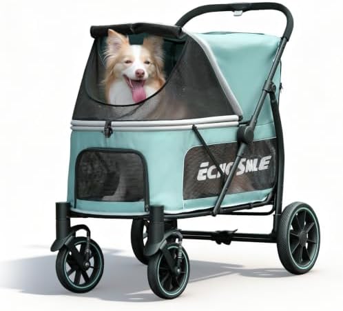 EchoSmile Dog Stroller for Large Dogs, 135lbs Weight Extra Large Pet Stroller, 4 Wheels Cats & Dogs Carrier with Brakes, Breathable Mesh Windows & Pocket, Green